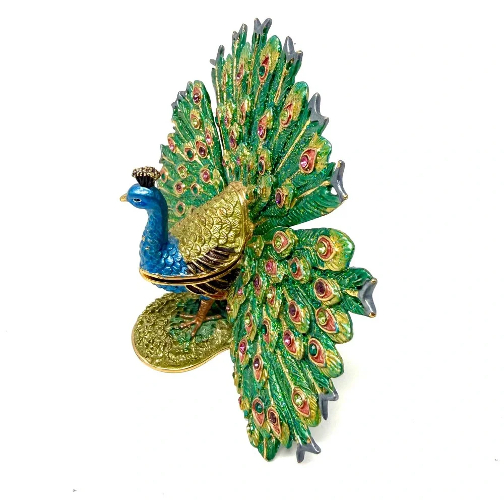 Peacock Trinket Box Enameled Rhinestone Bejeweled Jewelry Holder Green Gold VTG